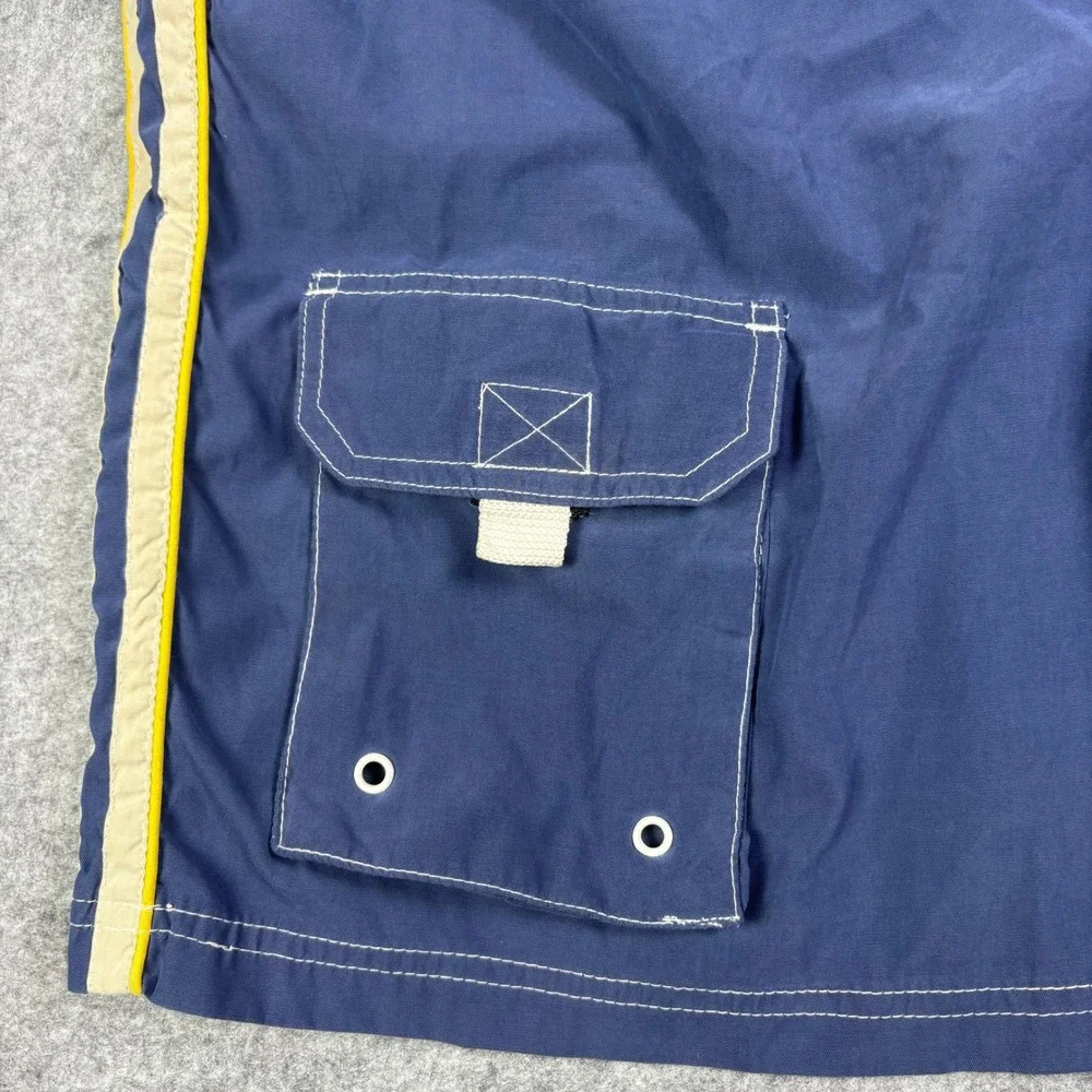 Vintage Rise Board Shorts Navy Blue Striped Cargo Swim Trunks Mens Large 264